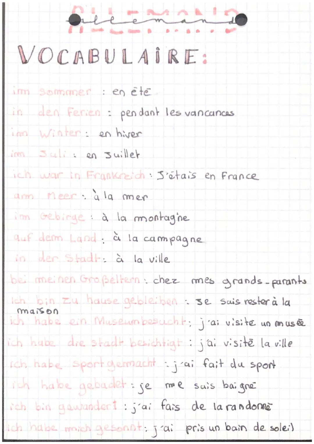 VOCABULAIRE:
im Sommer
: en êté
in den Ferien: pendant les vancances
inn Winter: en hiver
Juli en Juillet
ich war in Frankreich: S'étais en 