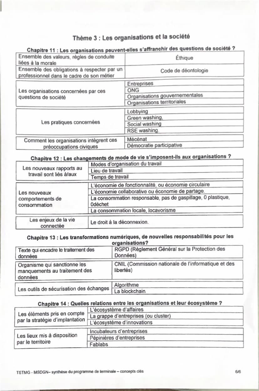--- OCR Start ---
Management Sciences de Gestion et Numérique - TSTMG - Synthèse
Thème 1: Les organisations et l'activité de production de b