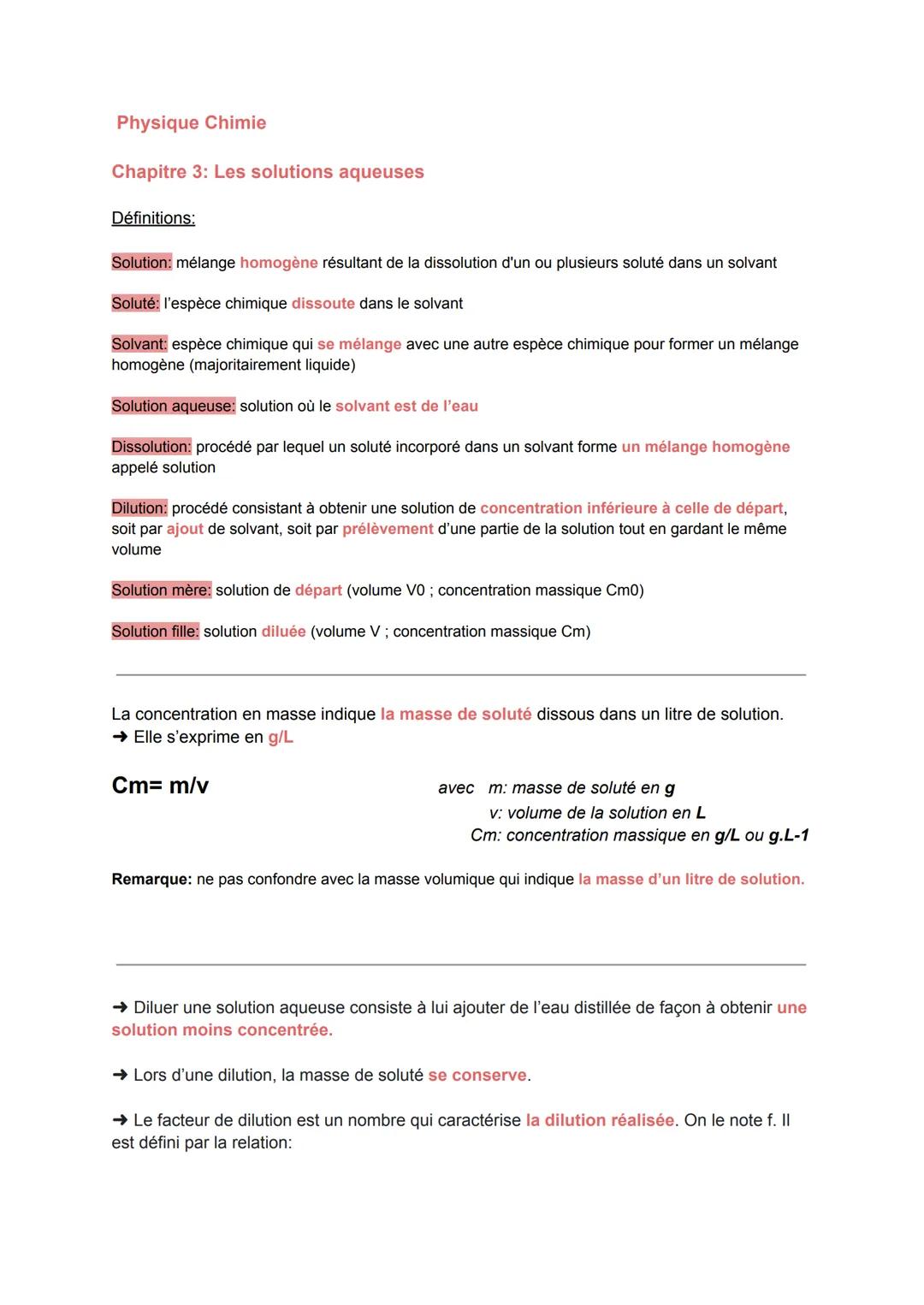 # Physique Chimie

Chapitre 3: Les solutions aqueuses

Définitions:

Solution: mélange homogène résultant de la dissolution d'un ou plusieur