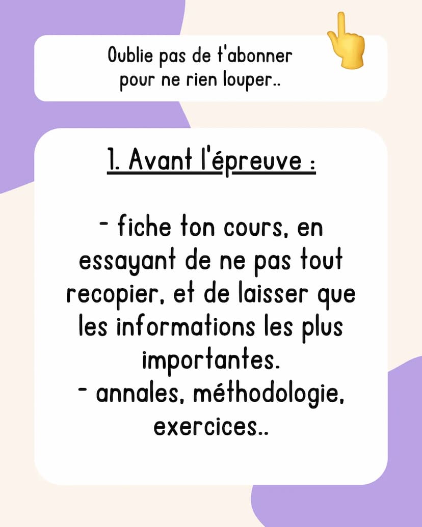 L'épreuve de
Français
spécial brevet Oublie pas de t'abonner
pour ne rien louper..
1. Avant l'épreuve :
fiche ton cours, en
essayant de ne p