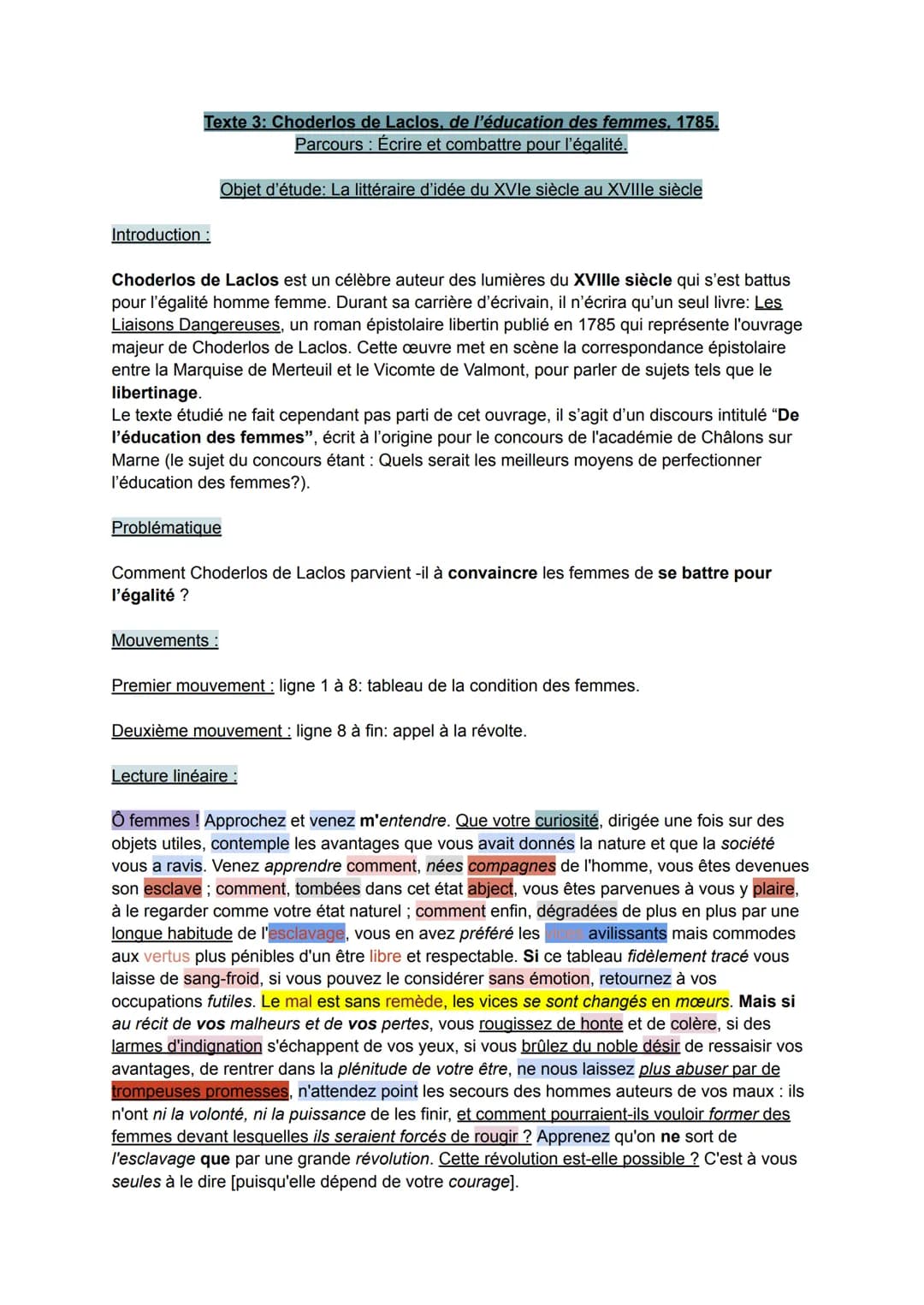 Texte 3: Choderlos de Laclos, de l'éducation des femmes, 1785.
Parcours : Écrire et combattre pour l'égalité.
Introduction :
Objet d'étude: 
