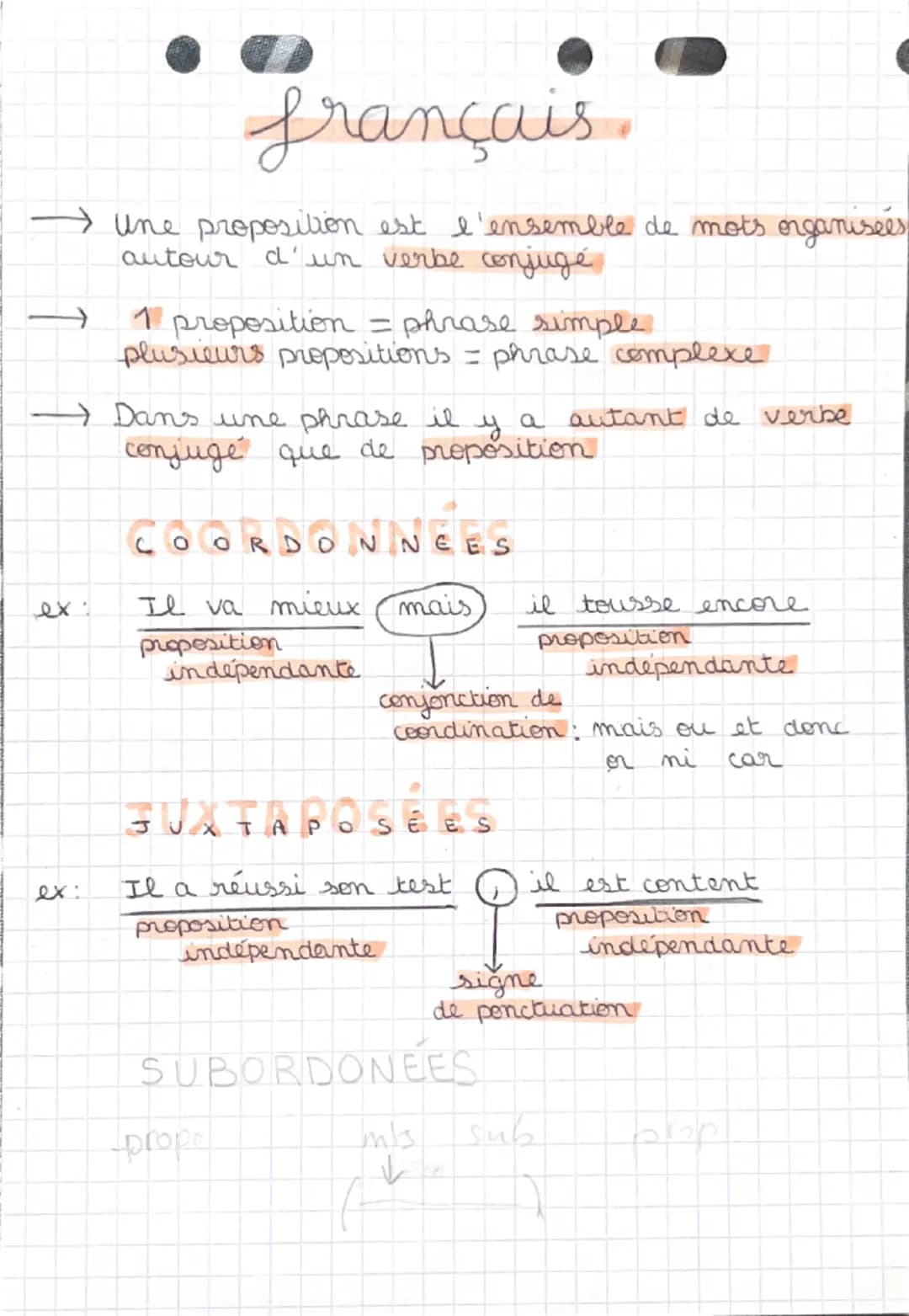 français
une proposition est l'ensemble de mots organisées
autour d'un verbe conjugé
1 proposition = phrase simple
plusieurs propositions = 