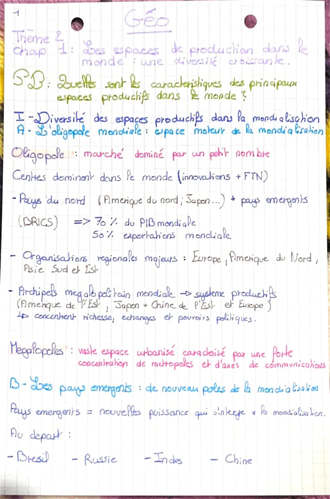 1
Theme 2
Géo
Chap 1: Les espaces de production dans le
monde une diversité croissante.
PB: Quelles sont les caracteristiques des principaux