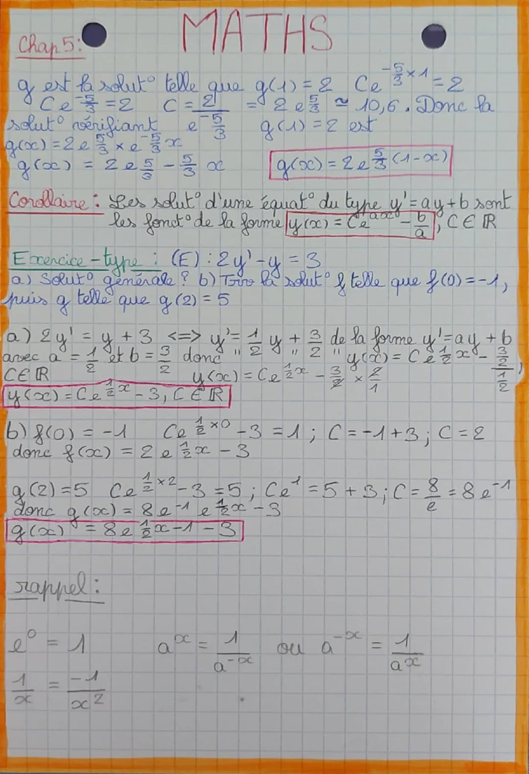 MATHS
Chapitre 5: Equat différentelles
rappel: (ekt)'=ke
Formules:
fet
version condensée de l'équat différentielle (E);
mb y " + mb
5 = mb
y