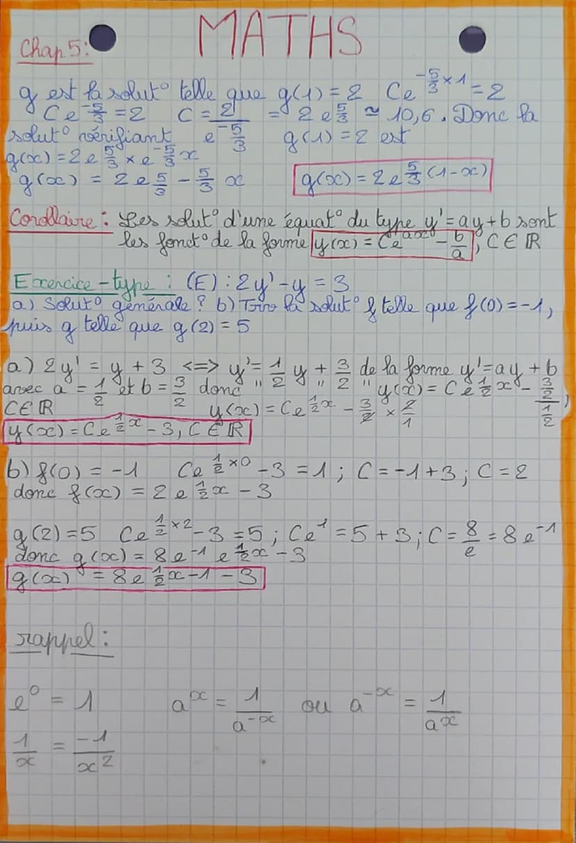 MATHS
Chapitre 5: Equat différentelles
rappel: (ekt)'=ke
Formules:
fet
version condensée de l'équat différentielle (E);
mb y " + mb
5 = mb
y