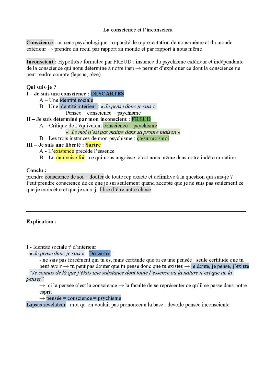 Sujet corrigé sur la conscience et l'inconscient - Freud, Descartes, et plus!