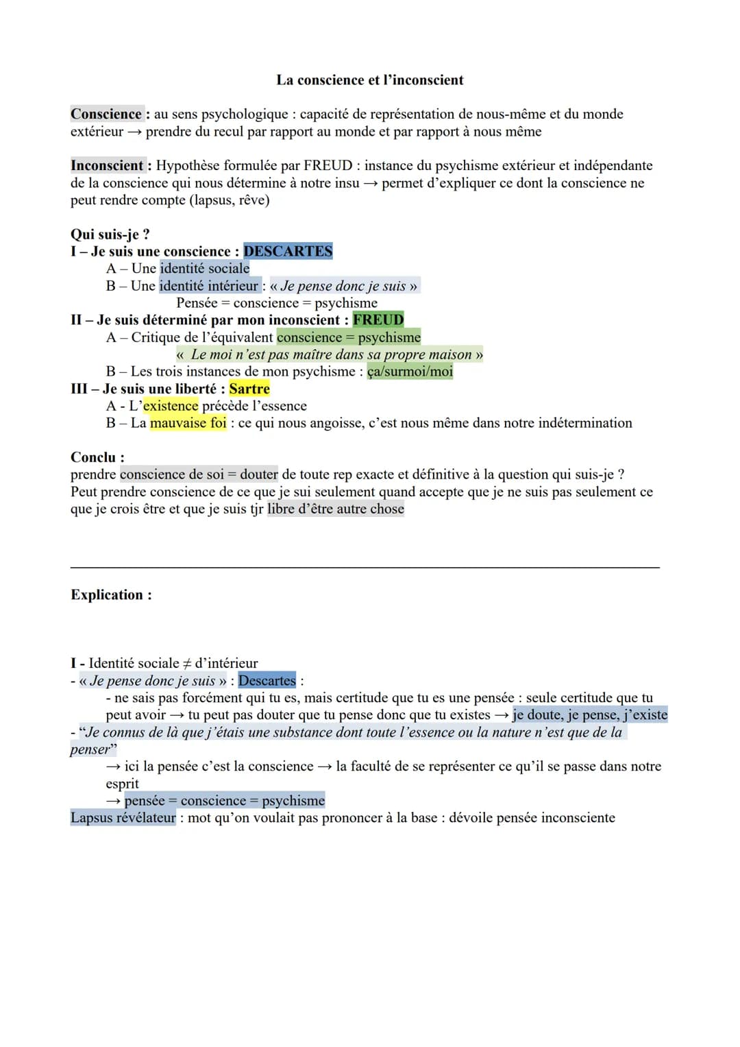 La conscience et l'inconscient
Conscience : au sens psychologique : capacité de représentation de nous-même et du monde
extérieur →→ prendre