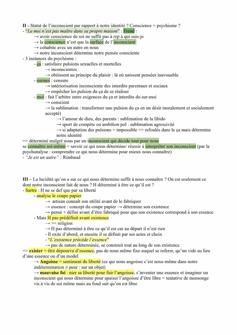 La conscience et l'inconscient
Conscience : au sens psychologique : capacité de représentation de nous-même et du monde
extérieur →→ prendre