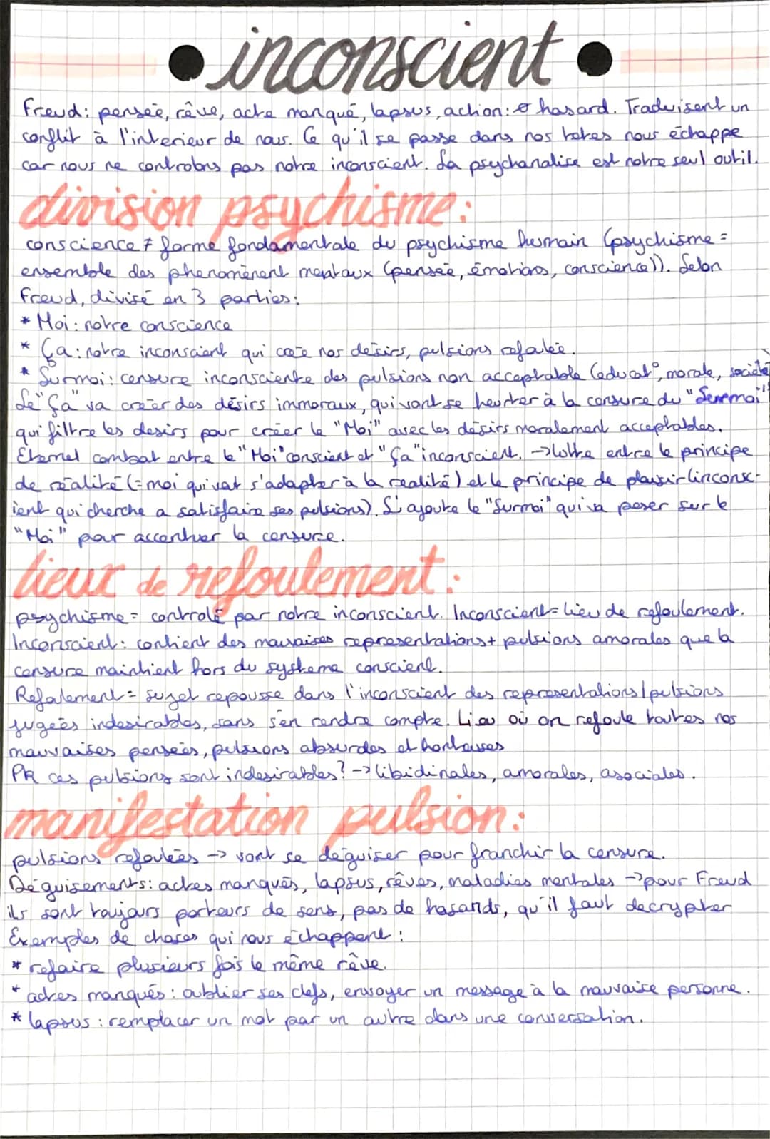 inconscient •
Freud:
pensée, rêve, acte manqué, lapsus, action: hasard. Traduisent un
conflit à l'interieur de nous. Ce qu'il se passe dans 