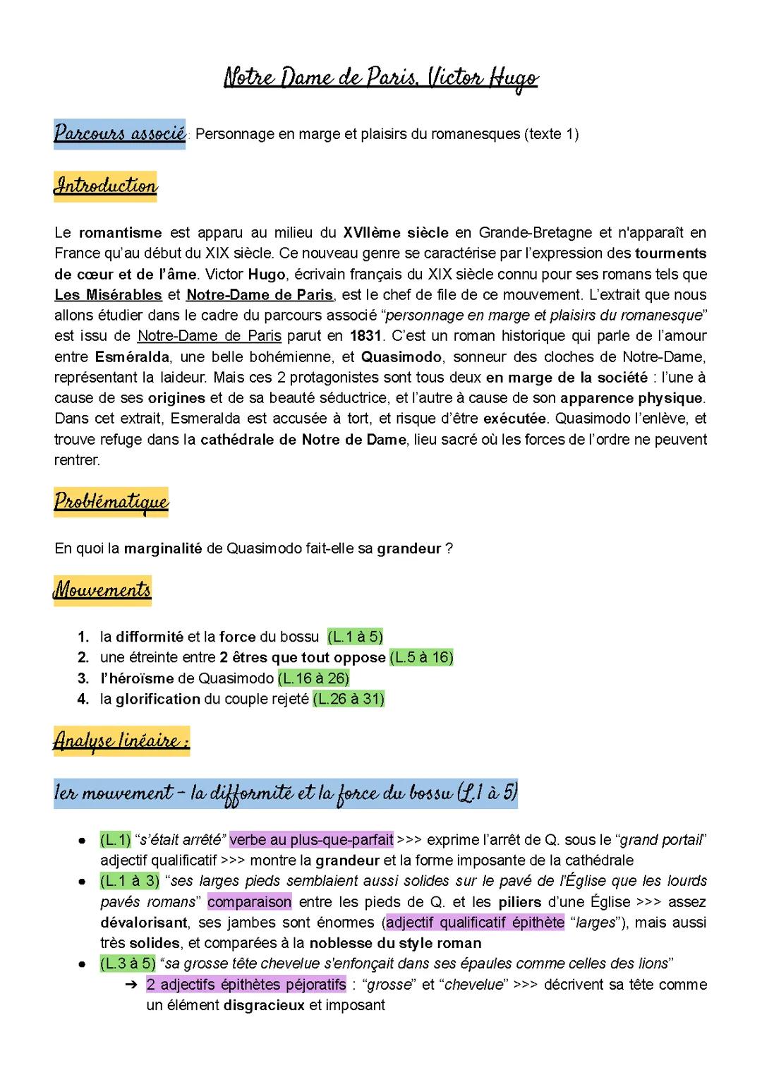 Analyse linéaire du portrait de Quasimodo dans Notre-Dame de Paris (Victor Hugo)