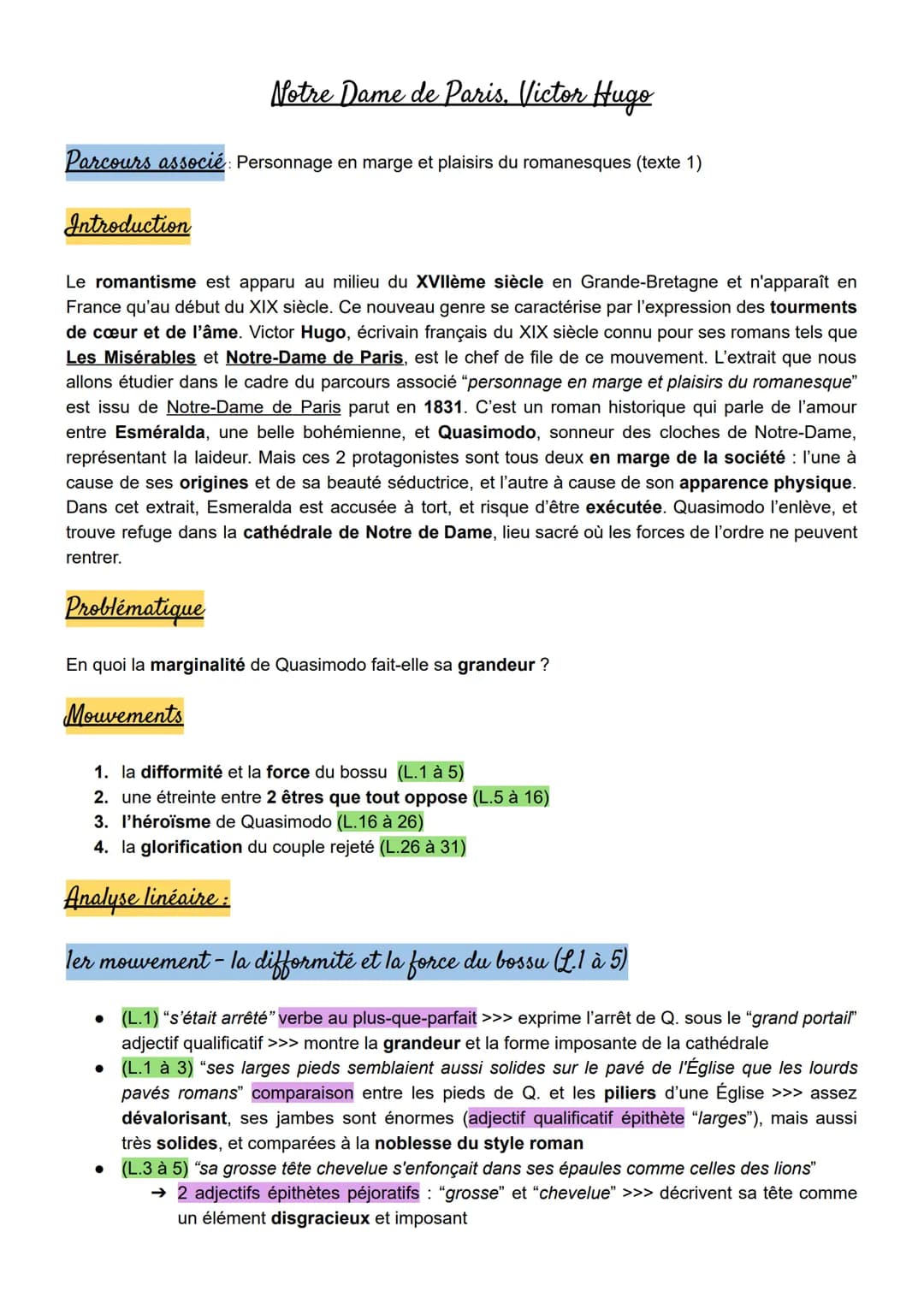 Notre Dame de Paris. Victor Hugo
Parcours associé: Personnage en marge et plaisirs du romanesques (texte 1)
Introduction
Le romantisme est a