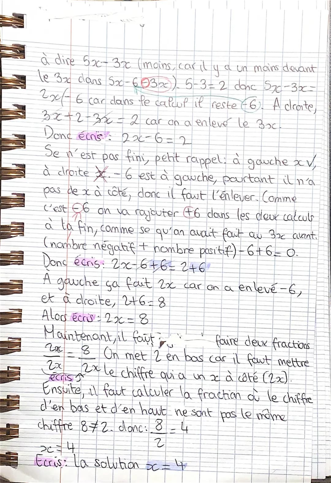 equation
EXPLIQUATION:
Prend une feville et un stylo et écris 5x-6=3x+2
Il faut séparer les chiffres qui ont à côté un x" et
les chiffres qu