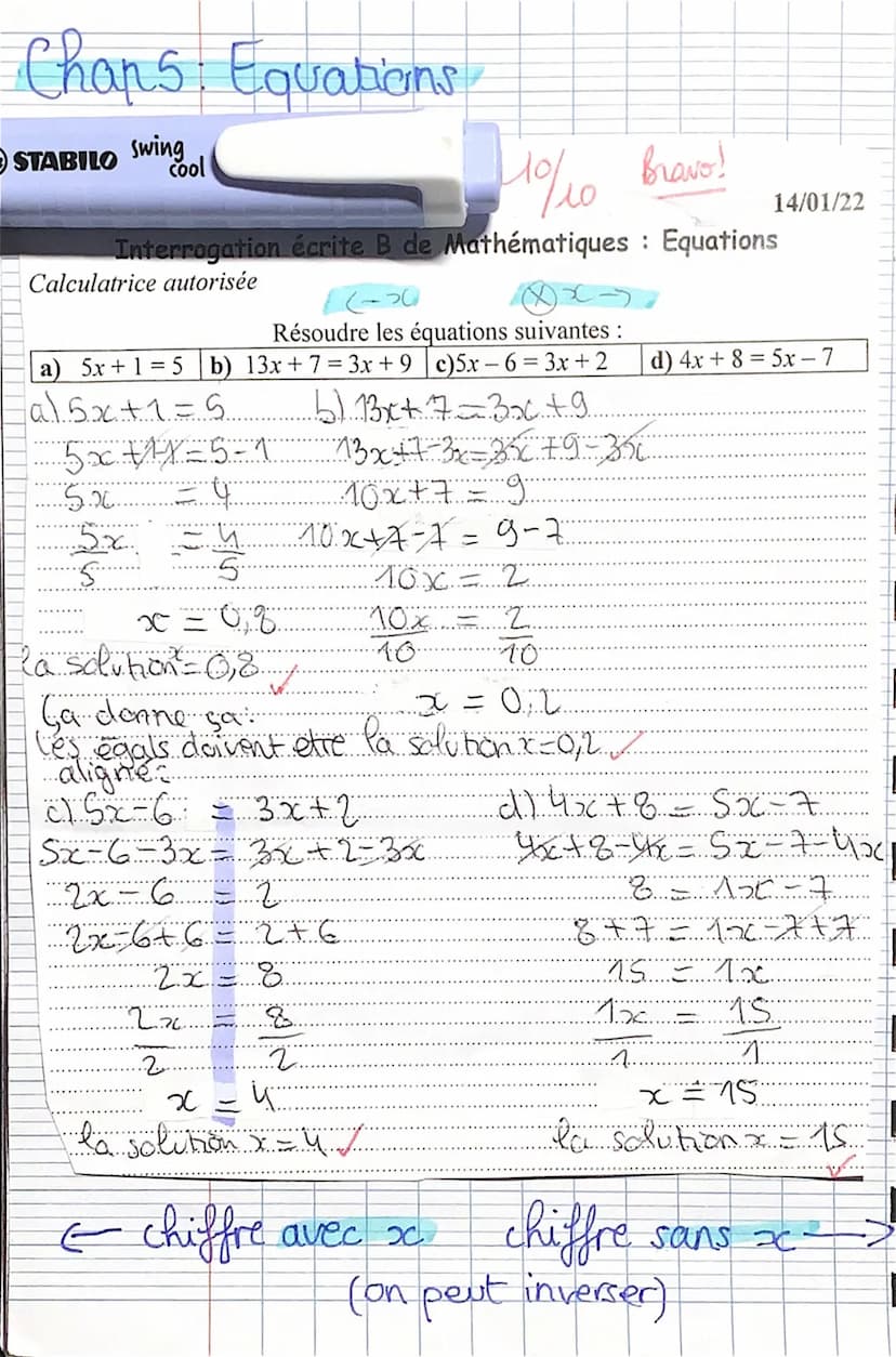 equation
EXPLIQUATION:
Prend une feville et un stylo et écris 5x-6=3x+2
Il faut séparer les chiffres qui ont à côté un x" et
les chiffres qu