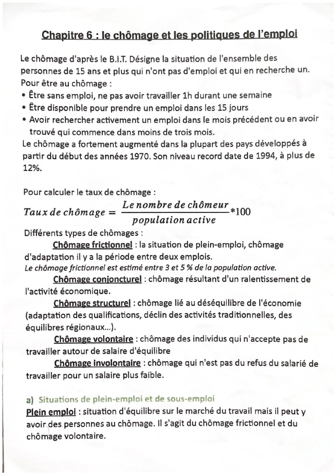 Chapitre 6: le chômage et les politiques de l'emploi

Le chômage d'après le B.I.T. Désigne la situation de l'ensemble des
personnes de 15 an