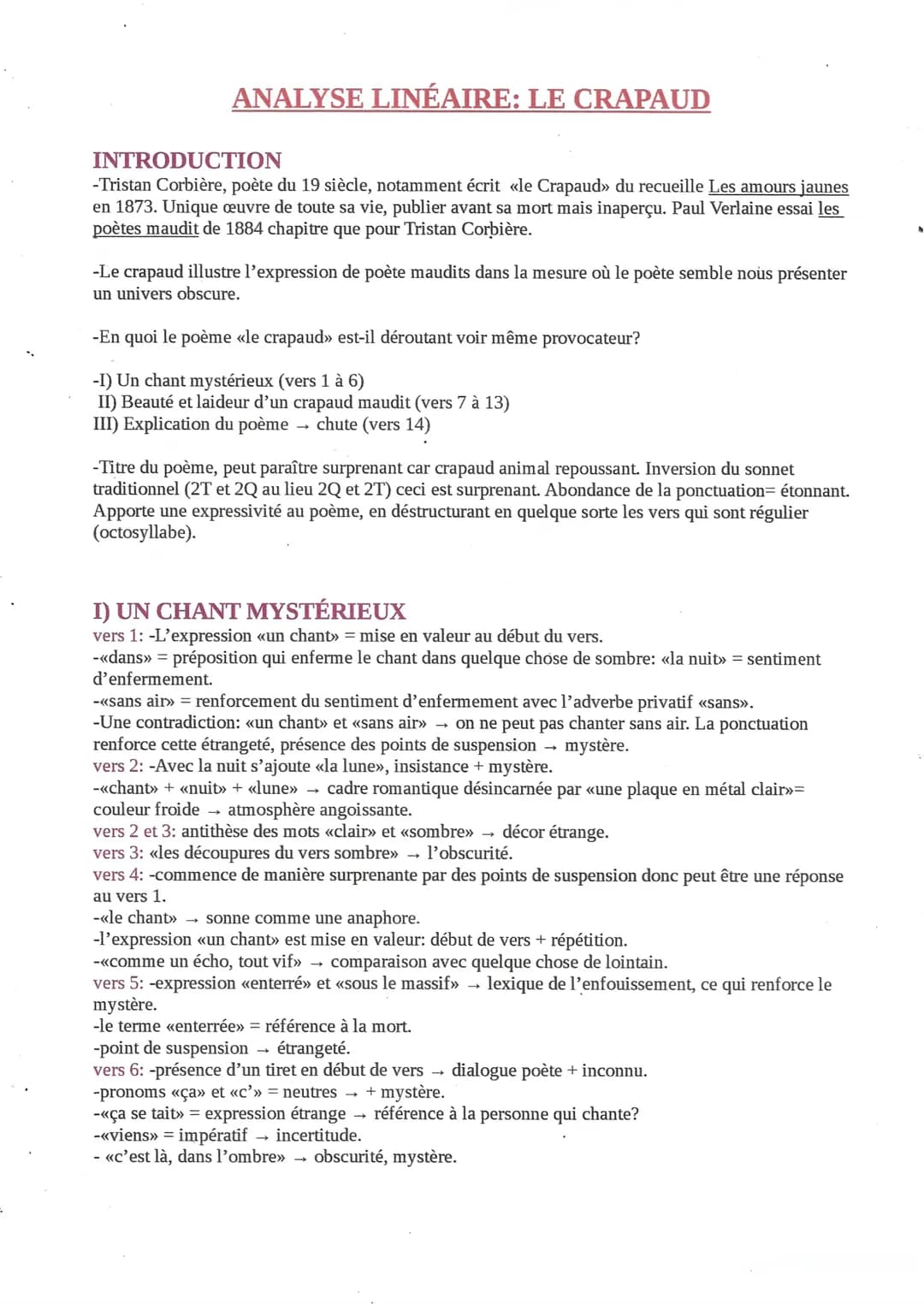 ANALYSE LINÉAIRE: LE CRAPAUD
INTRODUCTION
-Tristan Corbière, poète du 19 siècle, notamment écrit «<le Crapaud» du recueille Les amours jaune