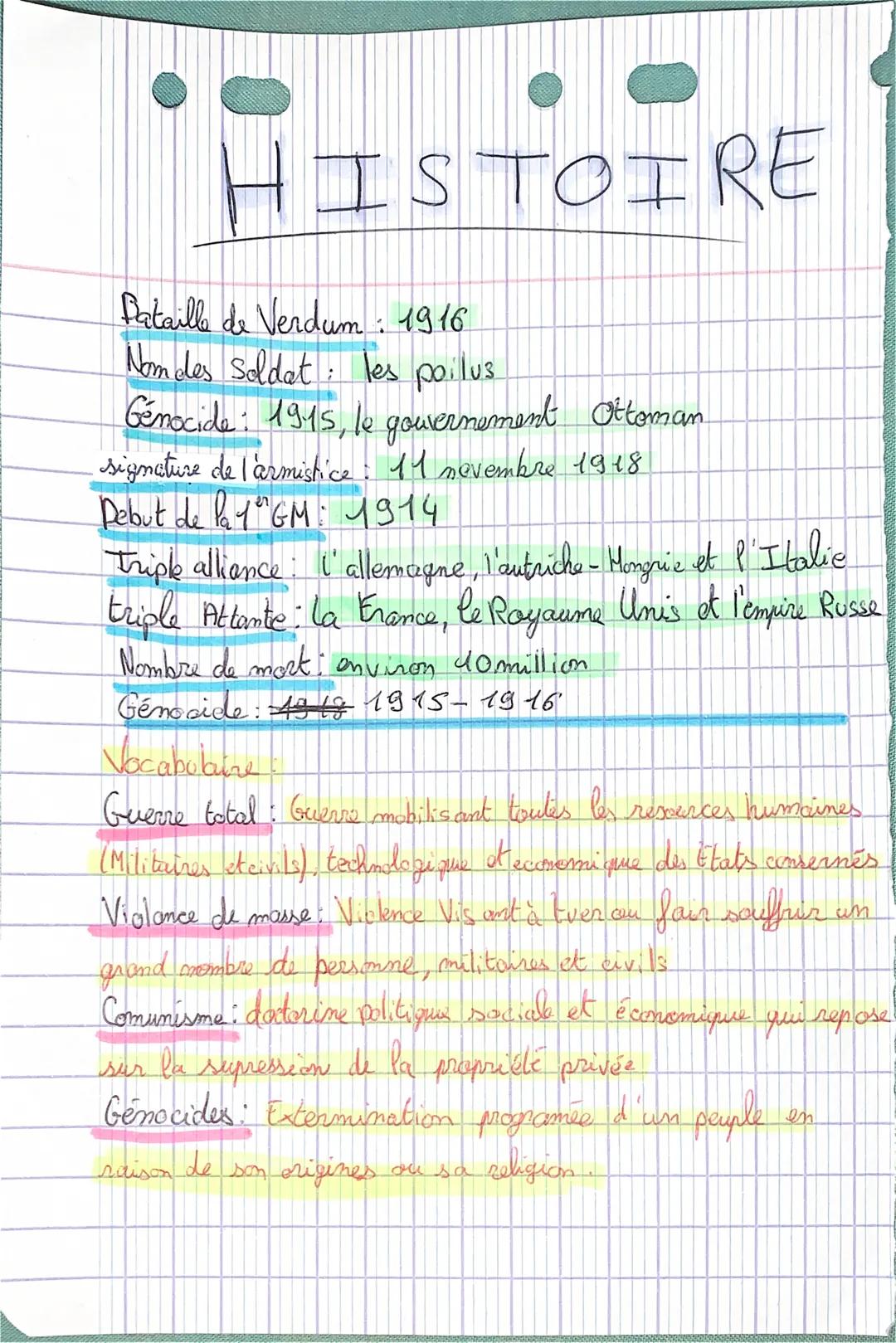 Bataille de Verdum : 1916
Nom des soldat: les poilus
Génocide: 1945, le gouvernement Ottoman
signature de l'armistice: 11 nevembre 1918
Debu