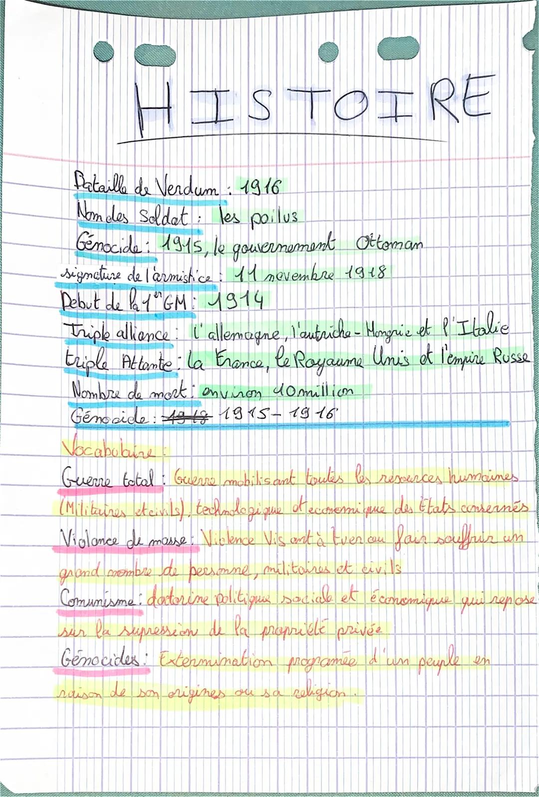 Bataille de Verdum : 1916
Nom des soldat: les poilus
Génocide: 1945, le gouvernement Ottoman
signature de l'armistice: 11 nevembre 1918
Debu