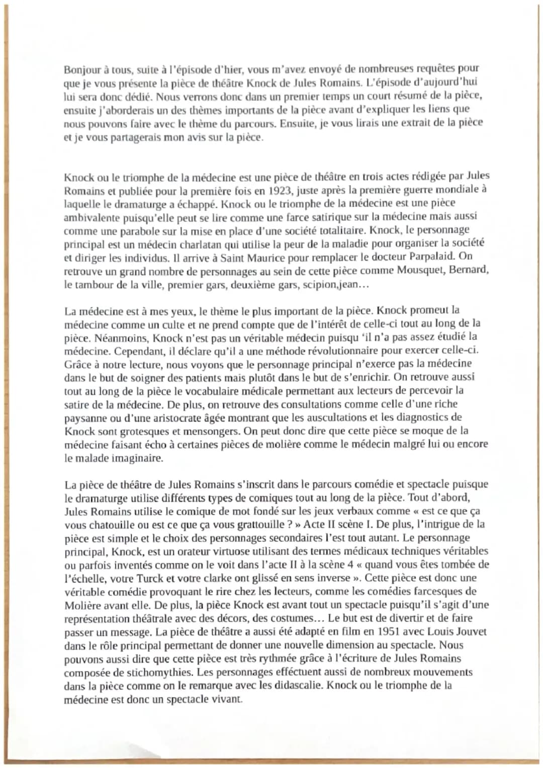 Résumé et Analyse de Knock de Jules Romains pour les Jeunes