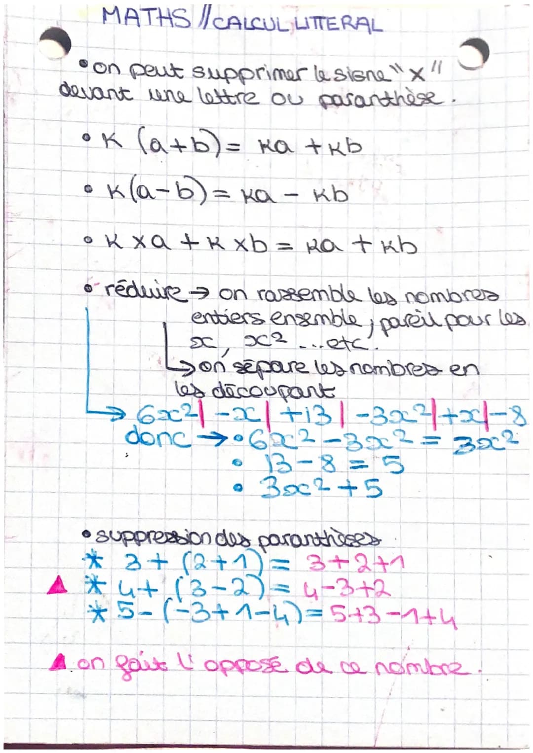 MATHS/CALCUL LITTERAL
on peut supprimer le signe "x 11
devant une lettre ou paranthèse
•K (a+b)= ka + kb
• K (a−b) = ka - kb
• k xa + k xb =