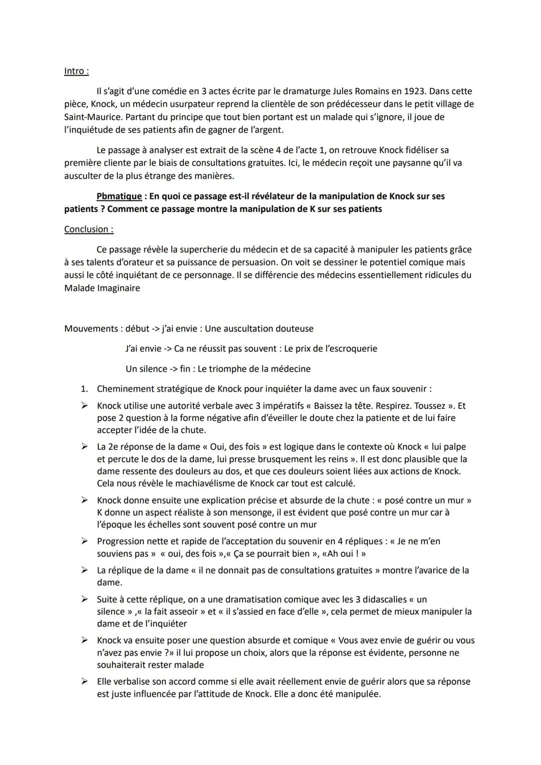 Intro :
Il s'agit d'une comédie en 3 actes écrite par le dramaturge Jules Romains en 1923. Dans cette
pièce, Knock, un médecin usurpateur re