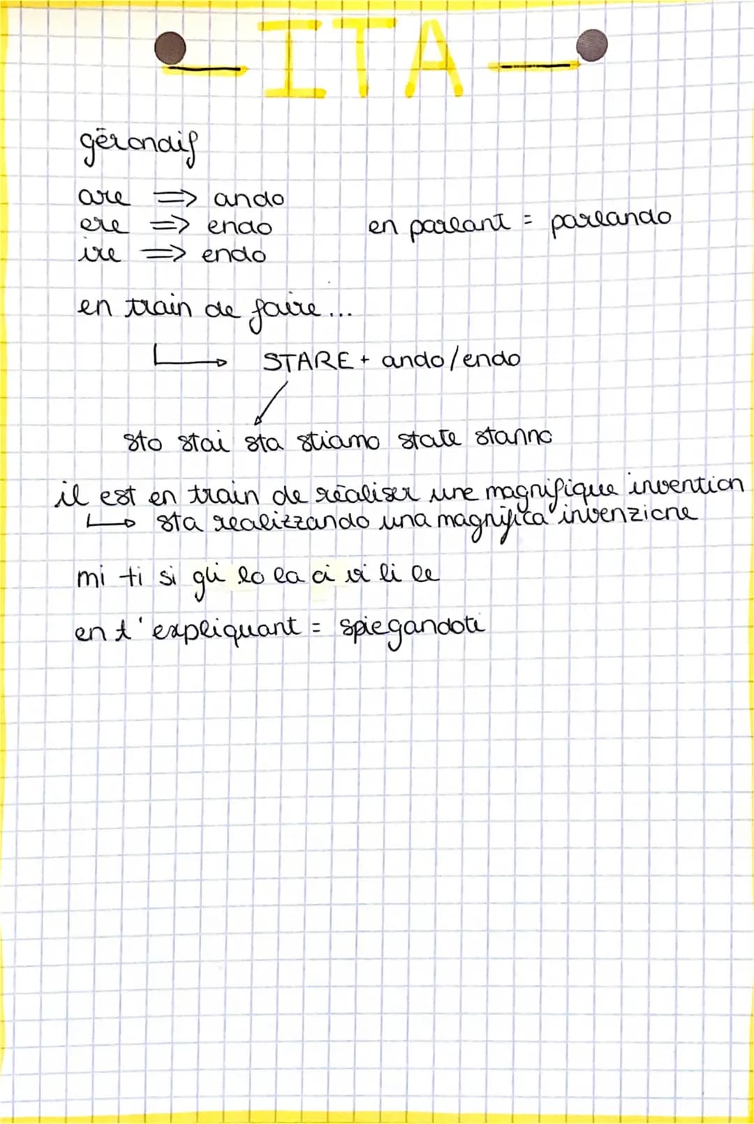 gërandif
are
ando
ere
endo
ire => endo
en train de faire...
en parlant = parlando
STARE+ ando/endo
sto stai sta stiamo state stanno
il est e