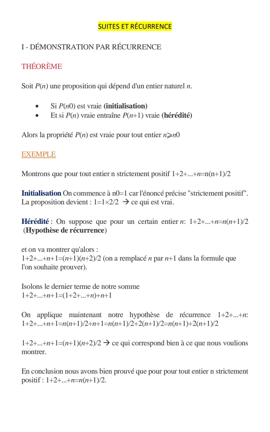 I-DÉMONSTRATION PAR RÉCURRENCE
THÉORÈME
SUITES ET RÉCURRENCE
Soit P(n) une proposition qui dépend d'un entier naturel n.
Si P(no) est vraie 