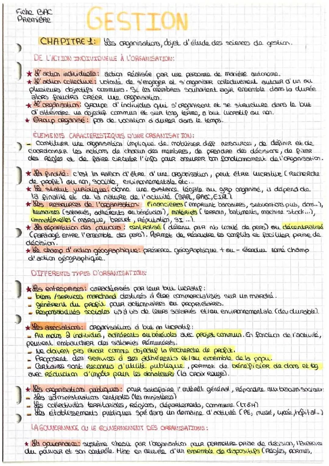 Cours Science de Gestion 1ère STMG PDF - Chapitre 1