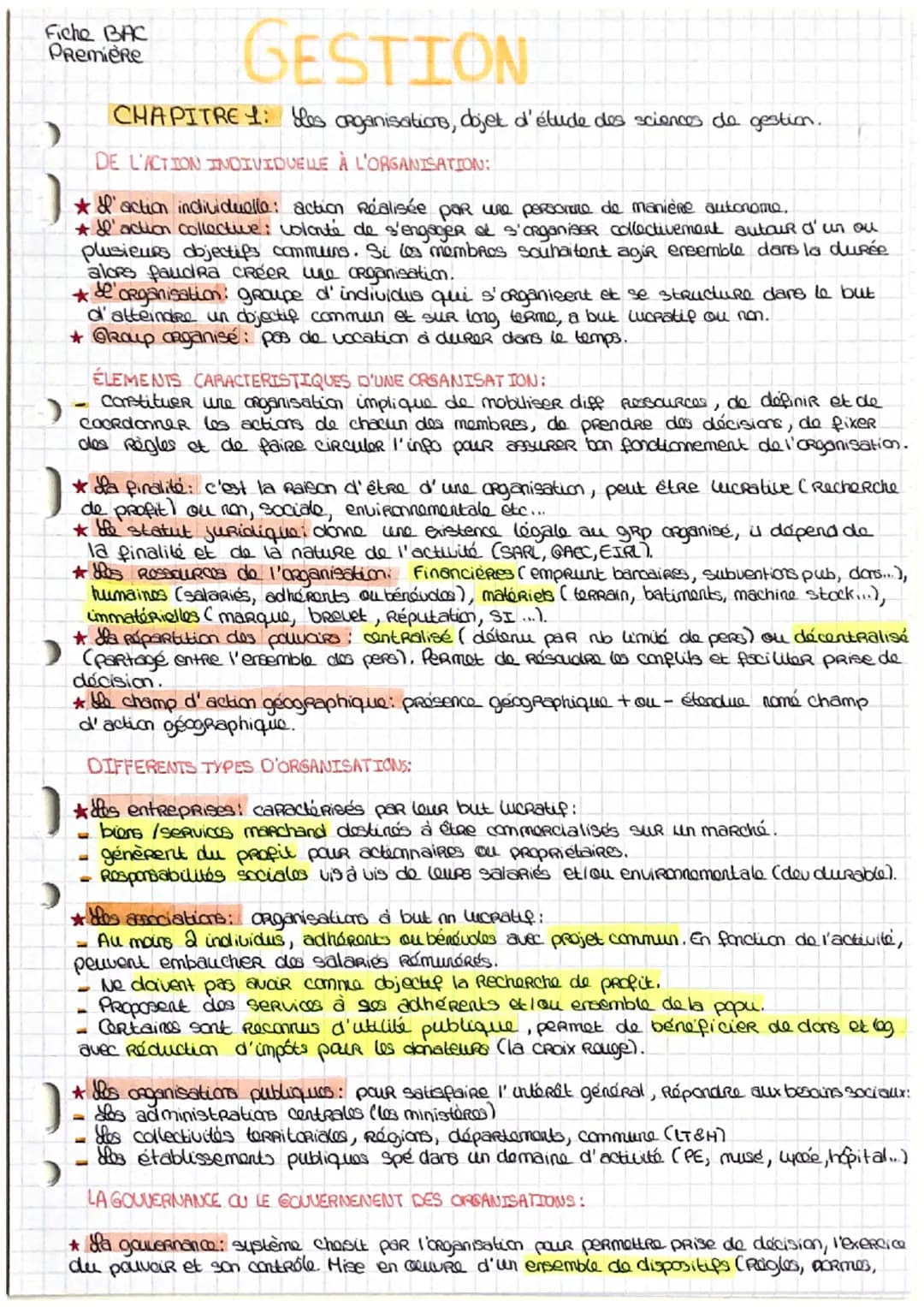 Fiche BAC
Première
GESTION
CHAPITRE 1: les organisations, objet d'étude des sciences de gestion.
DE L'ACTION INDIVIDUELLE À L'ORGANISATION:
