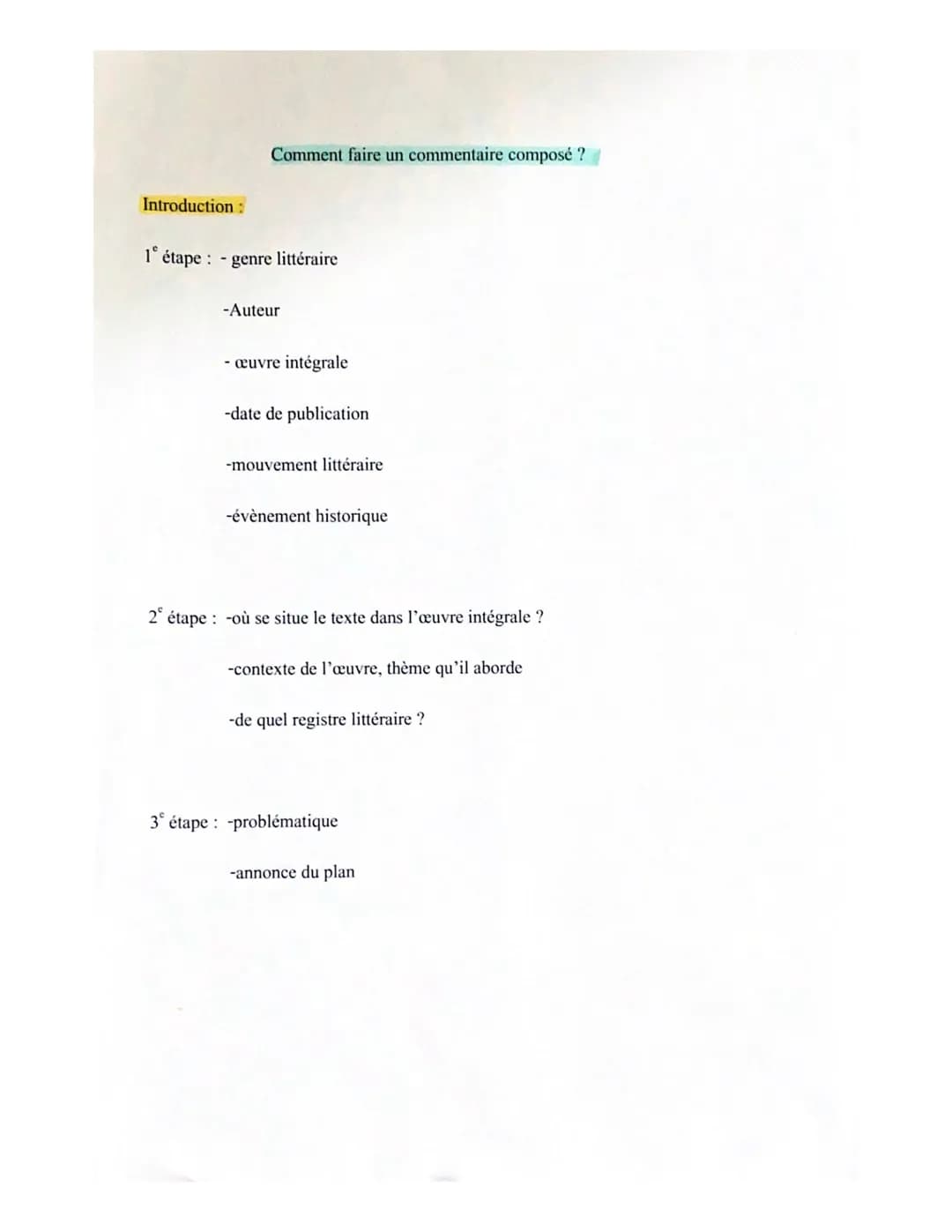 Introduction:
Comment faire un commentaire composé ?
1° étape : - genre littéraire
-Auteur
- œuvre intégrale
-date de publication
-mouvement