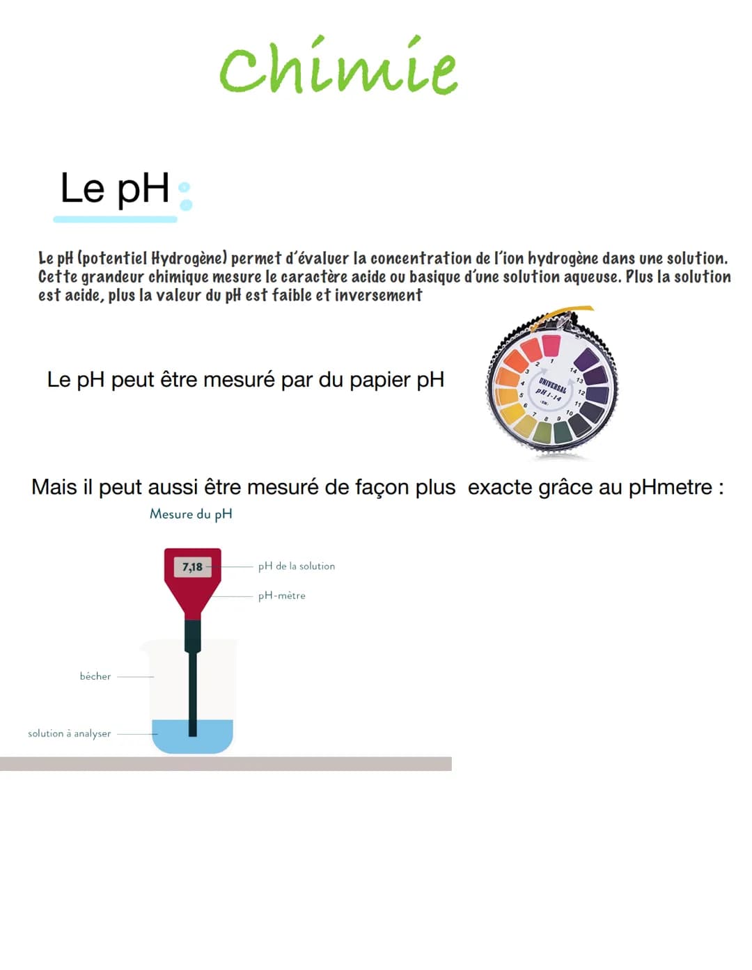 Le pH
Le pH (potentiel Hydrogène) permet d'évaluer la concentration de l'ion hydrogène dans une solution.
Cette grandeur chimique mesure le 