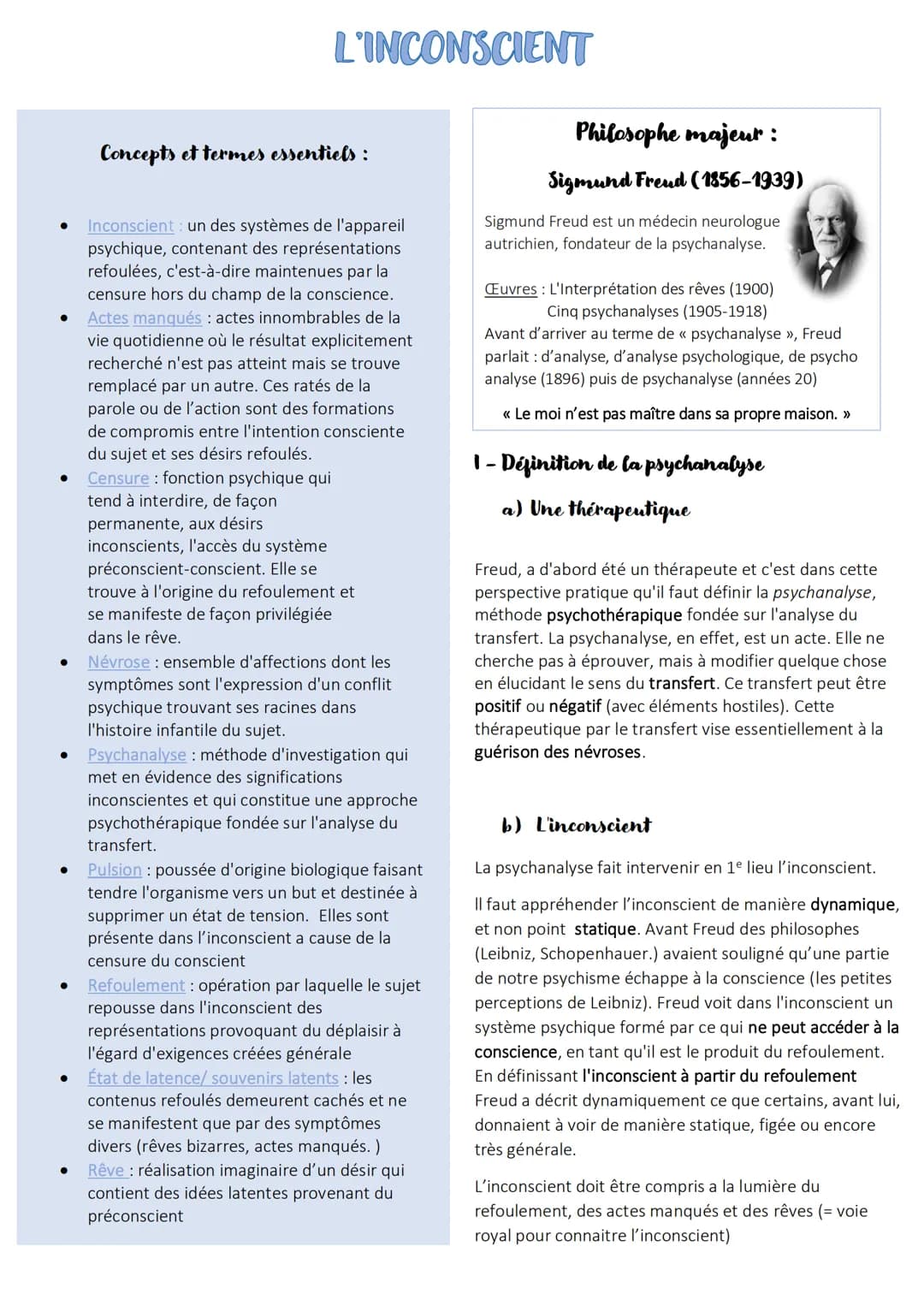 ●
●
●
L'INCONSCIENT
●
Concepts et termes essentiels :
Inconscient : un des systèmes de l'appareil
psychique, contenant des représentations
r