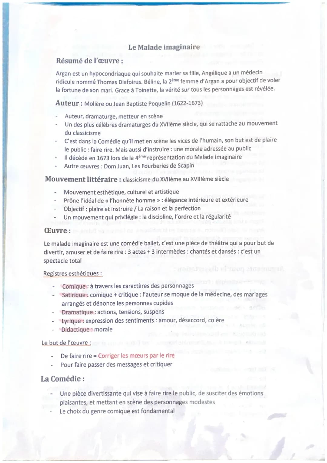 Le Malade imaginaire : Fiche de lecture, Analyse et Résumé