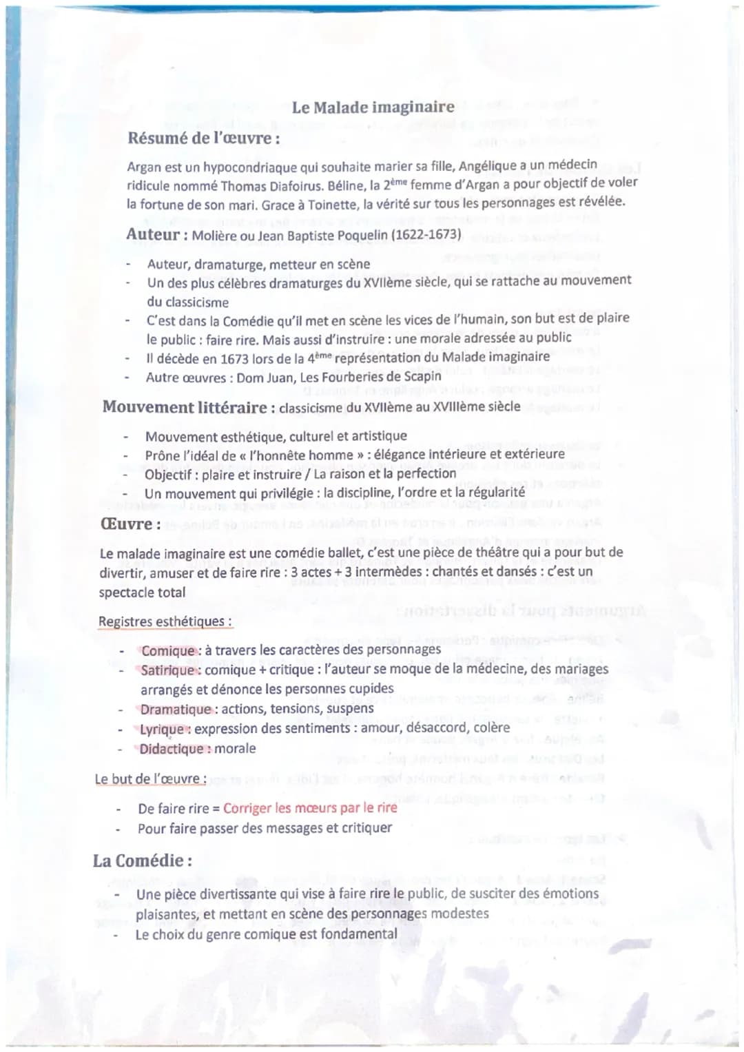 Résumé de l'œuvre:
Argan est un hypocondriaque qui souhaite marier sa fille, Angélique a un médecin
ridicule nommé Thomas Diafoirus. Béline,