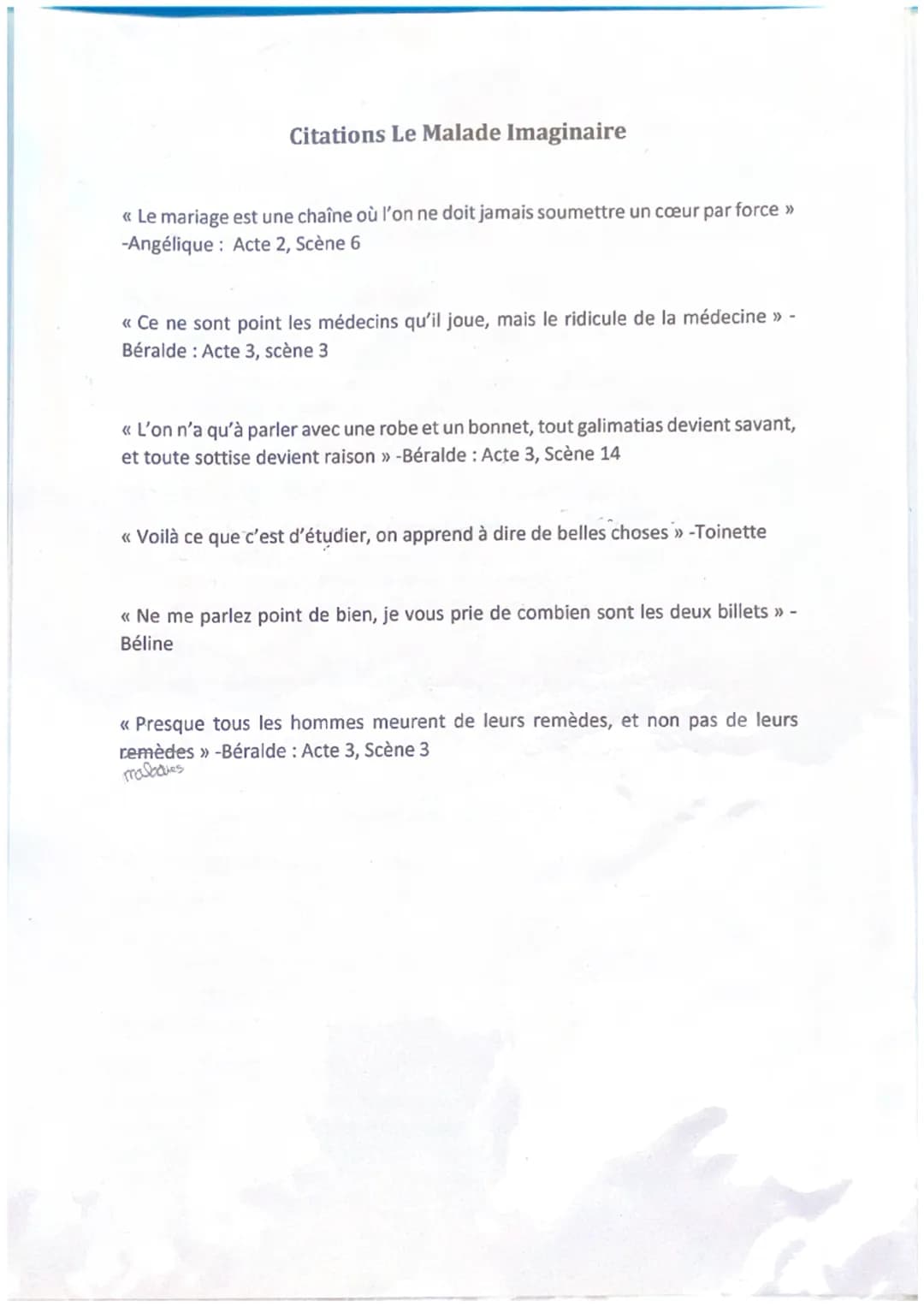 Résumé de l'œuvre:
Argan est un hypocondriaque qui souhaite marier sa fille, Angélique a un médecin
ridicule nommé Thomas Diafoirus. Béline,