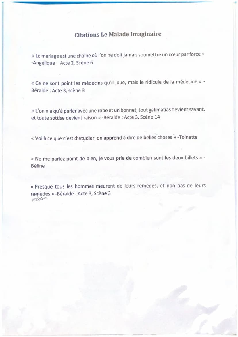 Résumé de l'œuvre:
Argan est un hypocondriaque qui souhaite marier sa fille, Angélique a un médecin
ridicule nommé Thomas Diafoirus. Béline,