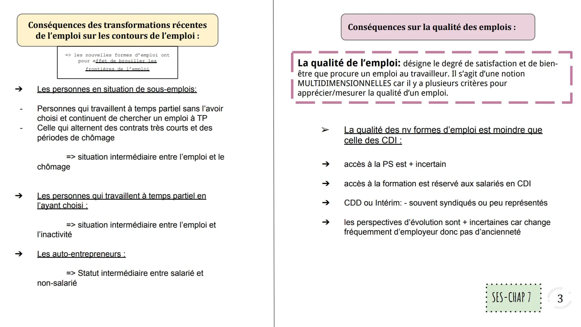 L'emploi : désigne une activité de travail qui confère un
statut, c'est-à-dire des droits et des obligations. C'est le fait
d'exercer une ac