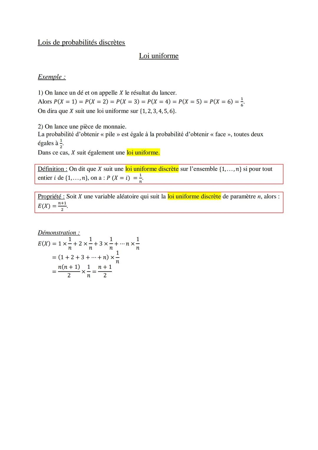 # Lois de probabilités discrètes

Loi uniforme

Exemple :

1) On lance un dé et on appelle X le résultat du lancer.
Alors P(X = 1) = P(X = 2
