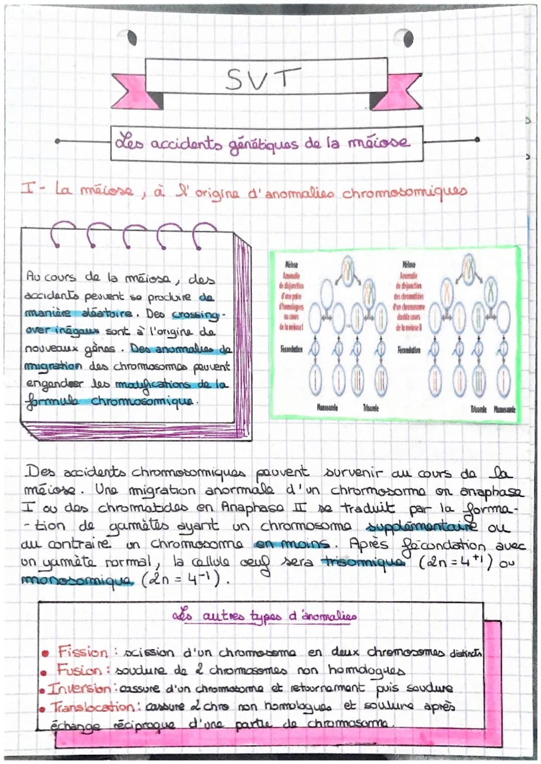 SVT
Les accidents génétiques de la mécose
I- la méiose, à l'origine d'anomalies chromosomiques.
ef
Au cours de la méiose, des
accidents peuv