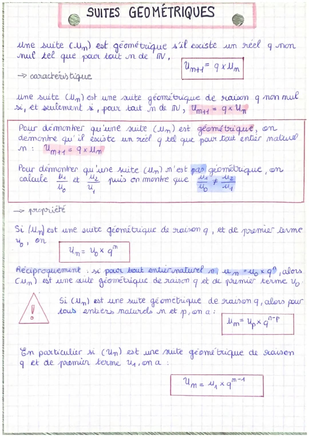 SUITES GEOMÉTRIQUES
une suite (un) est géométrique
nul tel que pour tout in de 'IN,
→caractéristique
une suite (Un) est une suite géométriqu
