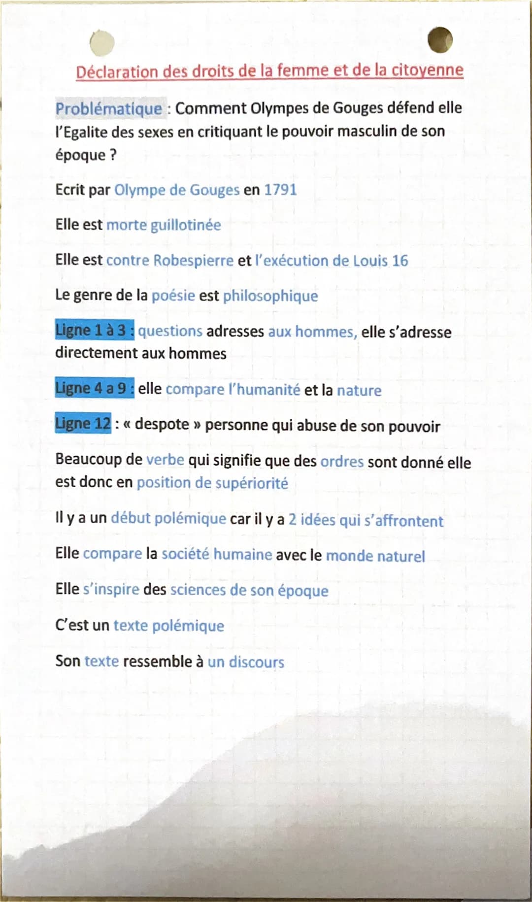 Déclaration des droits de la femme et de la citoyenne
Problématique : Comment Olympes de Gouges défend elle
l'Egalite des sexes en critiquan