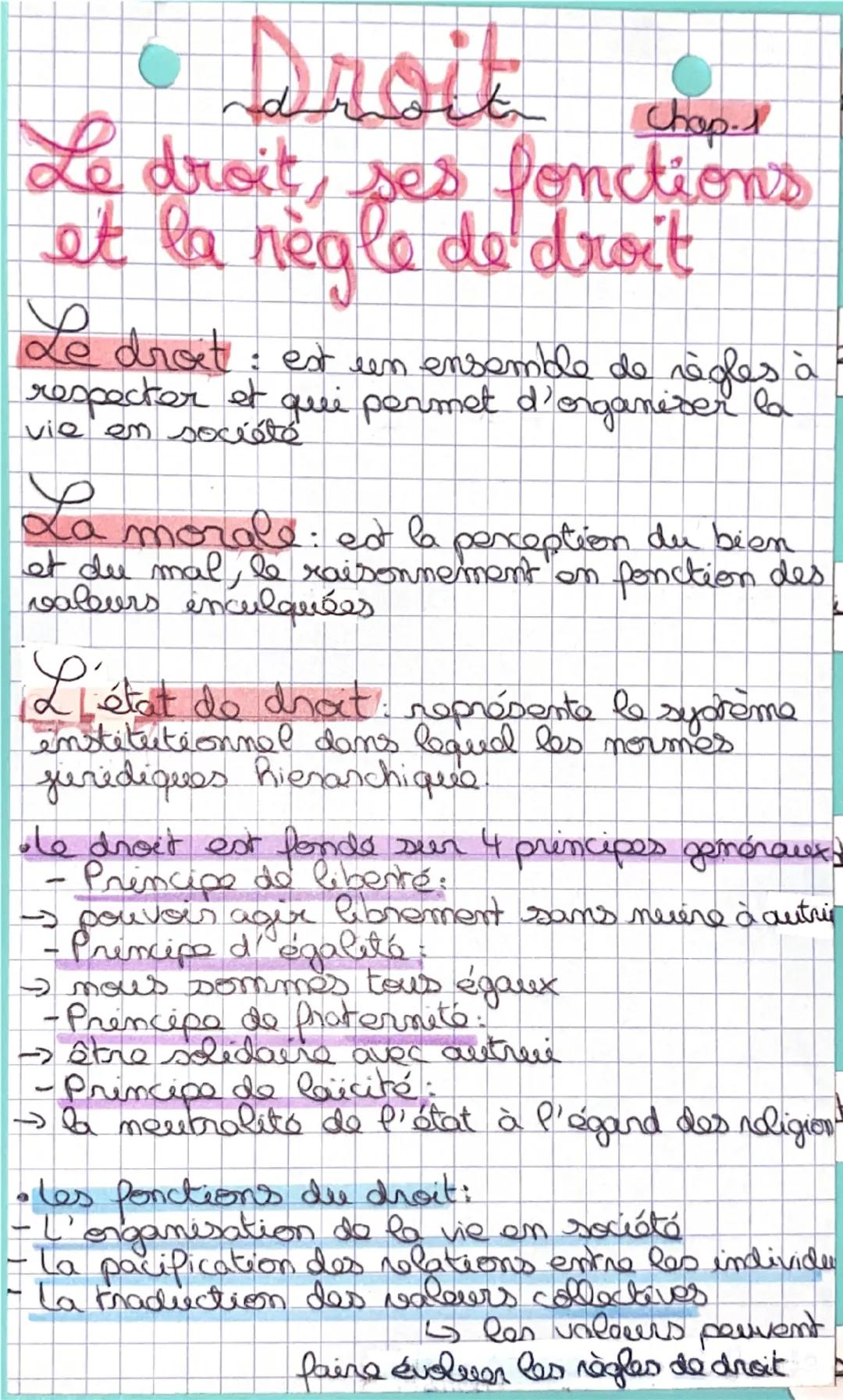 Chap-1
• Droit •
Le droit, ses fonctions
et la règle de droit
Le droit: est un ensemble de règles à
respecter et qui permet d'organiser la
v