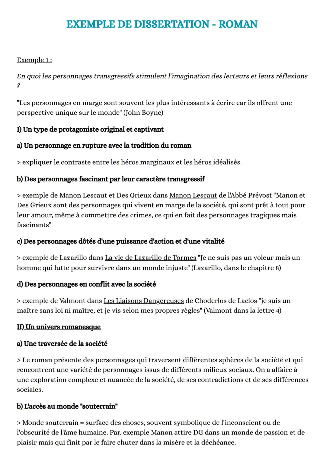 EXEMPLE DE DISSERTATION - ROMAN
Exemple 1:
En quoi les personnages transgressifs stimulent l'imagination des lecteurs et leurs réflexions
?
