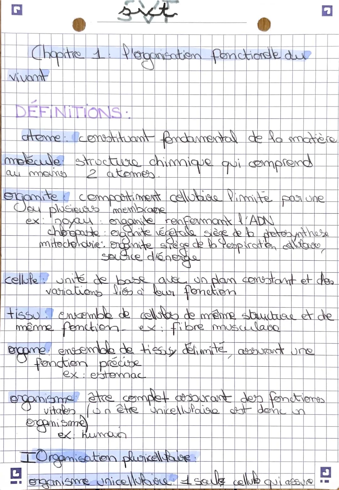 sift
Chopitice 1. l'organisation fonctionale du
vivant
DEFINITIONS.
atome: constituant fondamental de la matière
metecule structure chimique