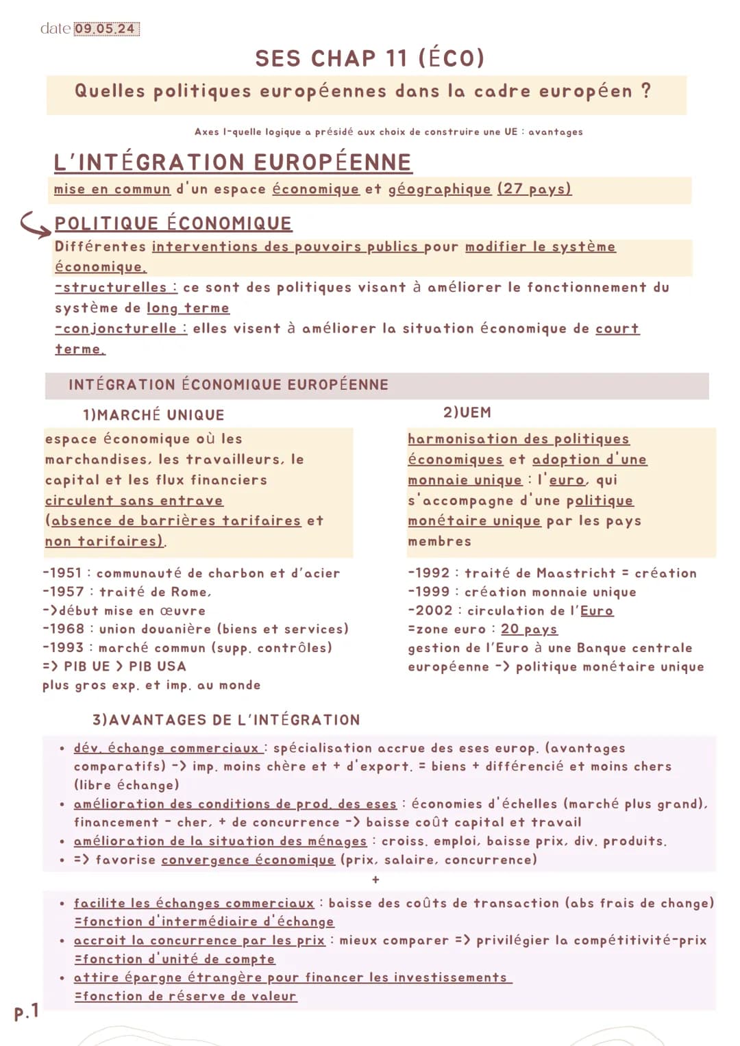 P.1
date 09.05.24
SES CHAP 11 (ÉCO)
Quelles politiques européennes dans la cadre européen ?
Axes I-quelle logique a présidé aux choix de con
