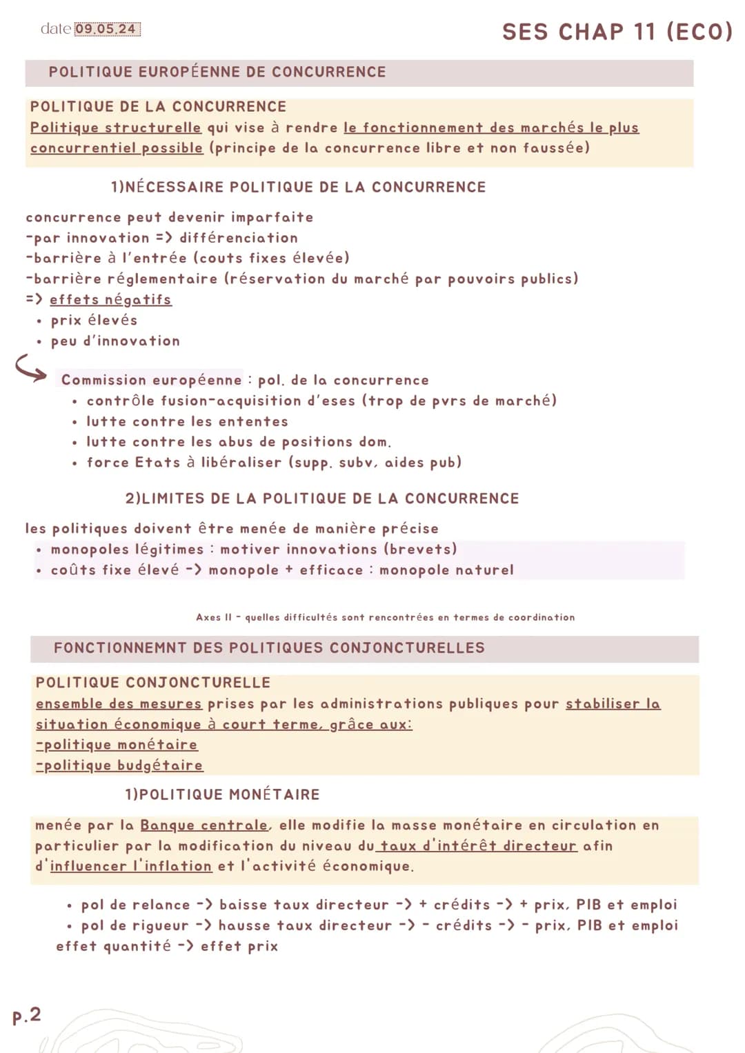 P.1
date 09.05.24
SES CHAP 11 (ÉCO)
Quelles politiques européennes dans la cadre européen ?
Axes I-quelle logique a présidé aux choix de con