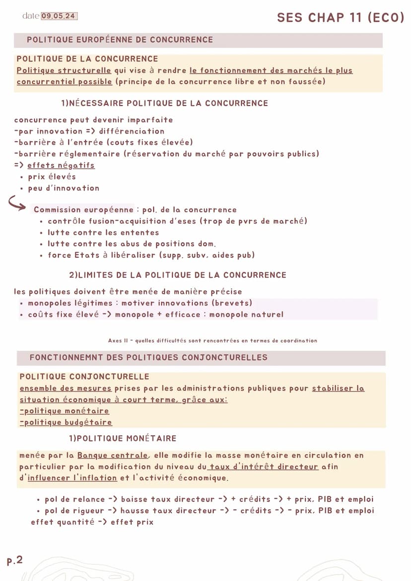 P.1
date 09.05.24
SES CHAP 11 (ÉCO)
Quelles politiques européennes dans la cadre européen ?
Axes I-quelle logique a présidé aux choix de con