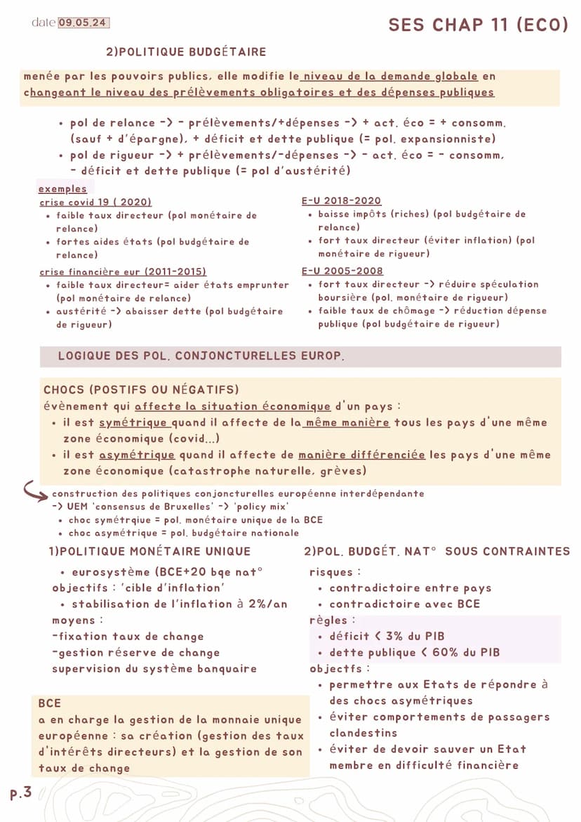 P.1
date 09.05.24
SES CHAP 11 (ÉCO)
Quelles politiques européennes dans la cadre européen ?
Axes I-quelle logique a présidé aux choix de con