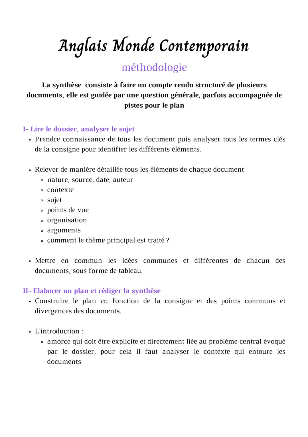Anglais Monde Contemporain
méthodologie
La synthèse consiste à faire un compte rendu structuré de plusieurs
documents, elle est guidée par u
