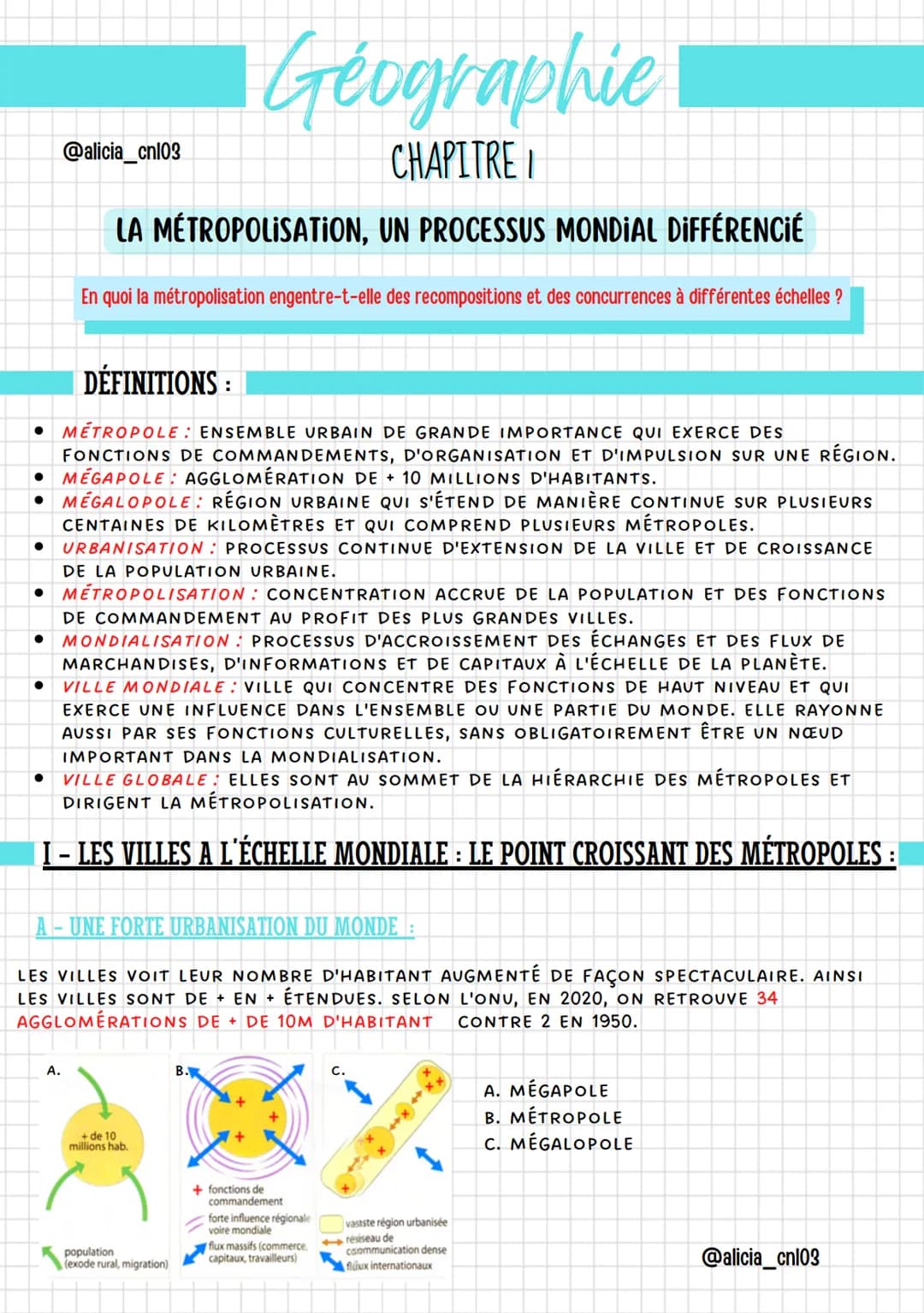 Géographie
CHAPITRE I
LA MÉTROPOLISATION, UN PROCESSUS MONDIAL DIFFÉRENCIÉ
●
@alicia_cn103
DÉFINITIONS :
METROPOLE: ENSEMBLE URBAIN DE GRAND
