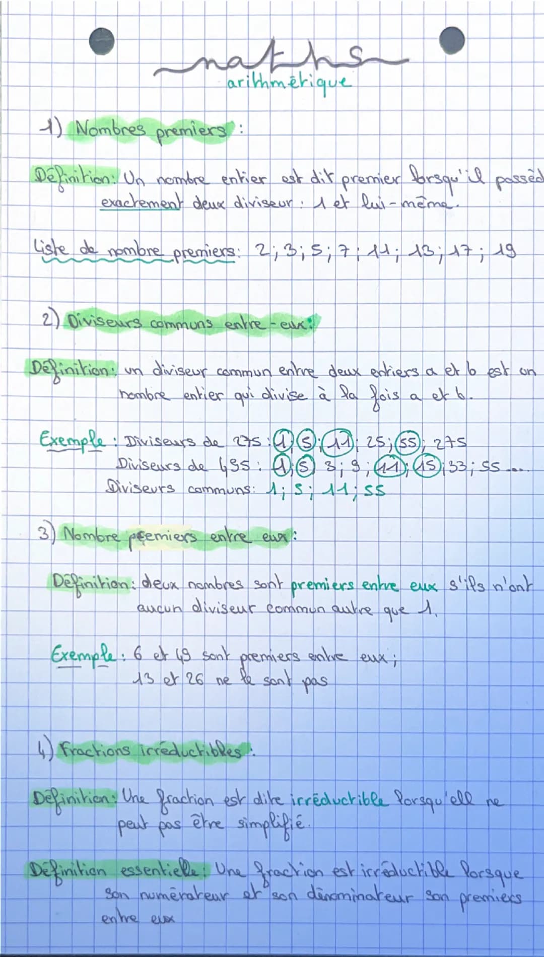 maths
arithmétique
1) Nombres premiers:
Definition: Un nombre entier est dit premier forsqu'il
exactement deux diviseur : I et lui-même.
pos